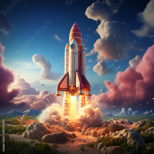 A stylized 3D rocket icon launching skyward. 