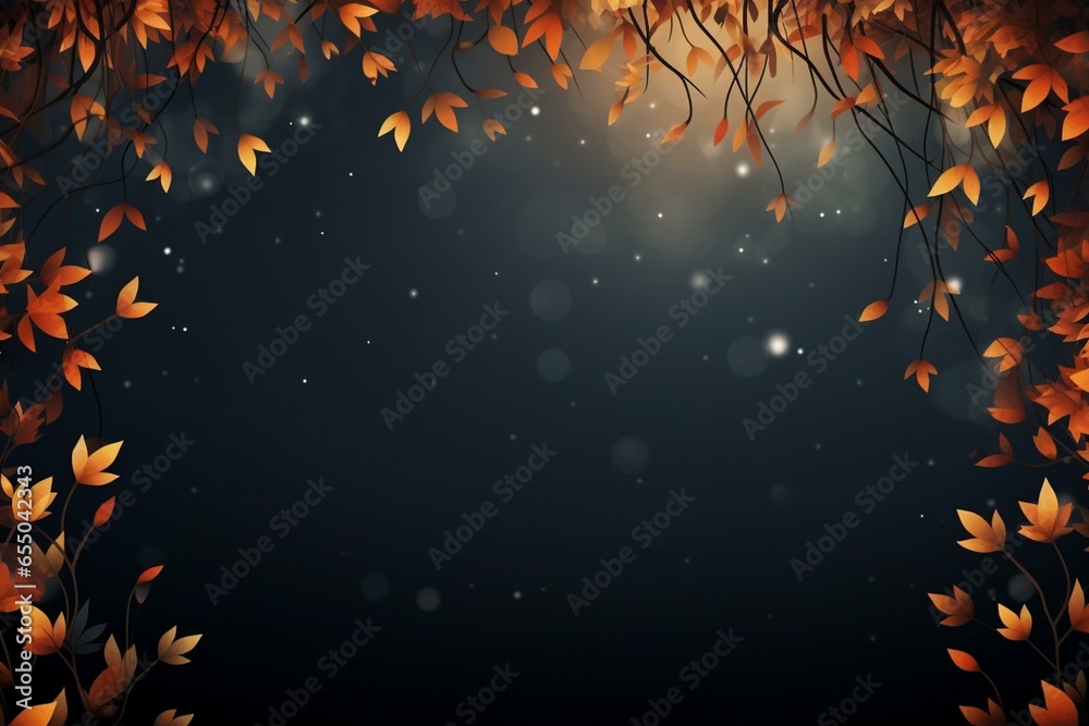 Autumnal backdrop, leafy silhouette on dark setting. Banner for the season with ample space. Generative AI