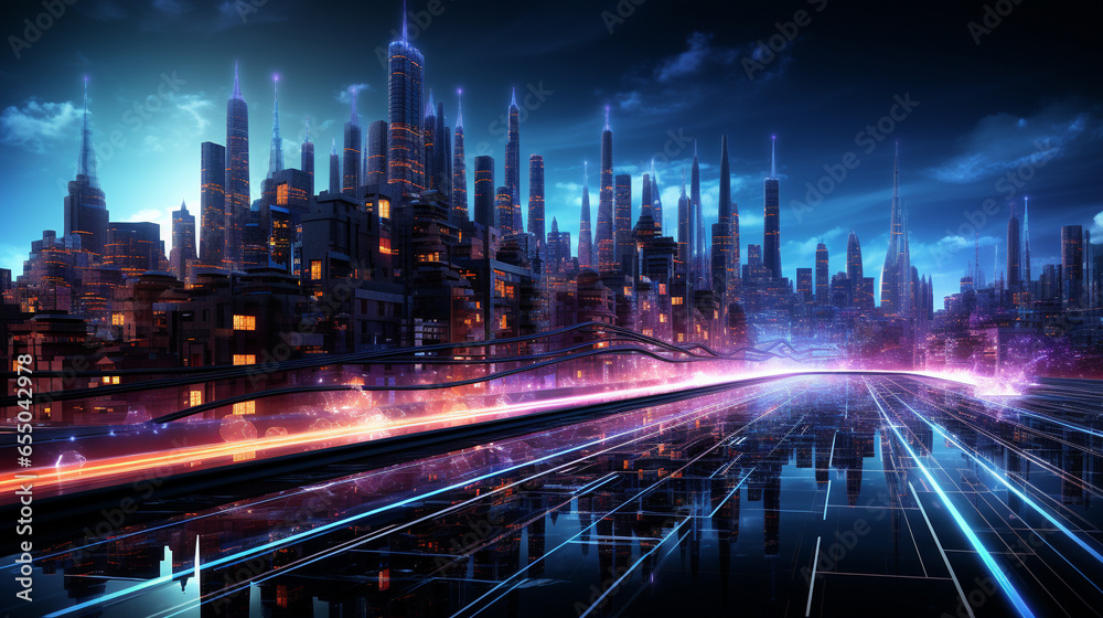 Street in city, 3D buildings, 3D digital twins, neon lines in cyan and violet. 