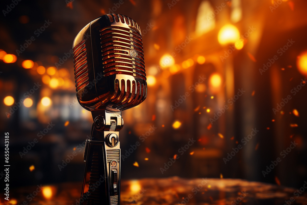 Close up of microphone in concert hall with blurred lights at background.  - obrazy, fototapety, plakaty 