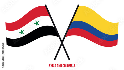 Syria and Colombia Flags Crossed And Waving Flat Style. Official Proportion. Correct Colors.