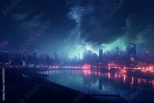An urban landscape at night, filled with mist, water, and vibrant city lights. A digitally created matte painting with volumetric lighting. Generative AI