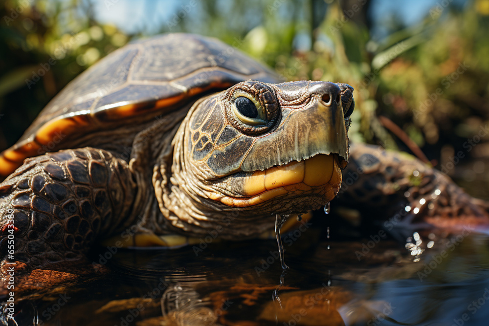 Turtle poke sit shed out of the water pond daylight. Turtle poke sit shed out of the water pond daylight.