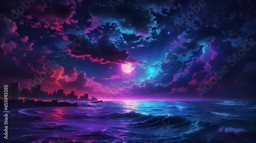 neon light art, in the dark of night, moonlit seas, clouds, moon, stars, colorful, detailed, 4k