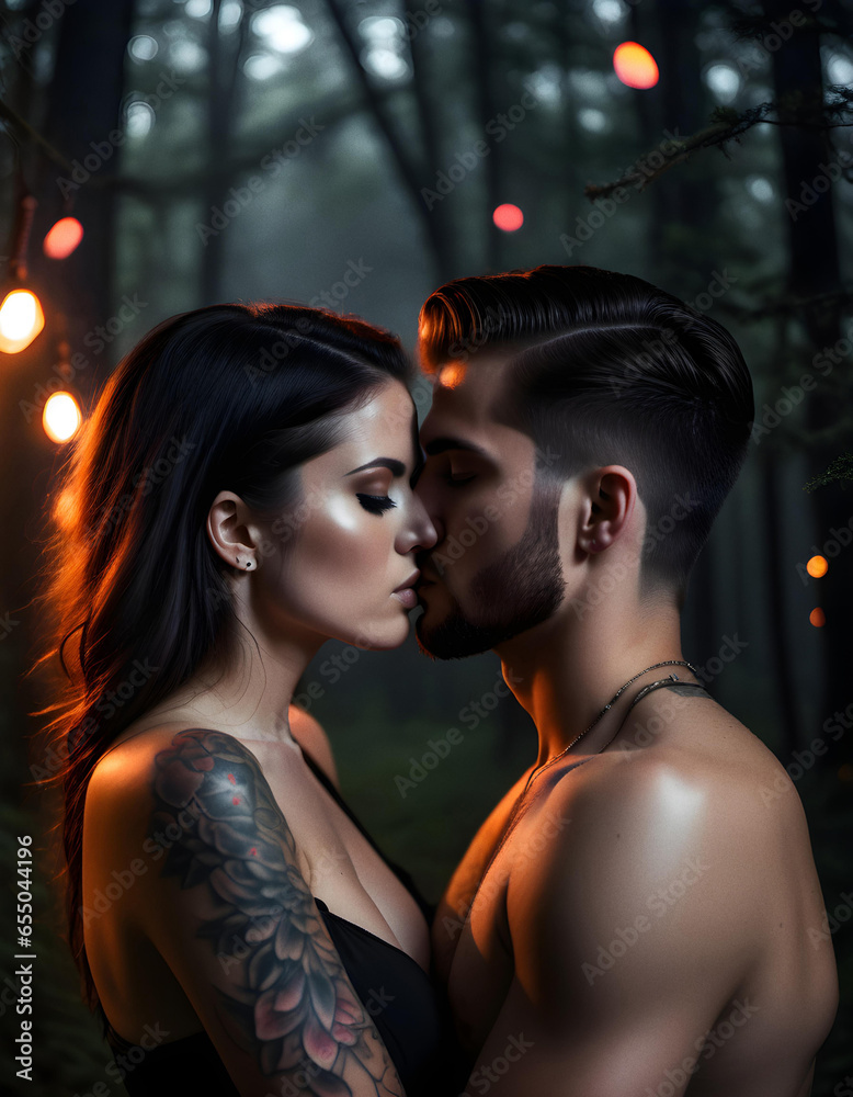Urban fantasy couple in the forest with dramatic lighting 