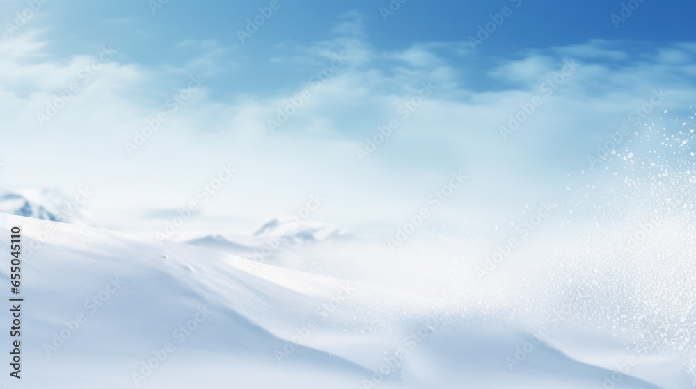 Natural winter snow background, beautifully lit with snowflakes  on a blue sky, copy banner.