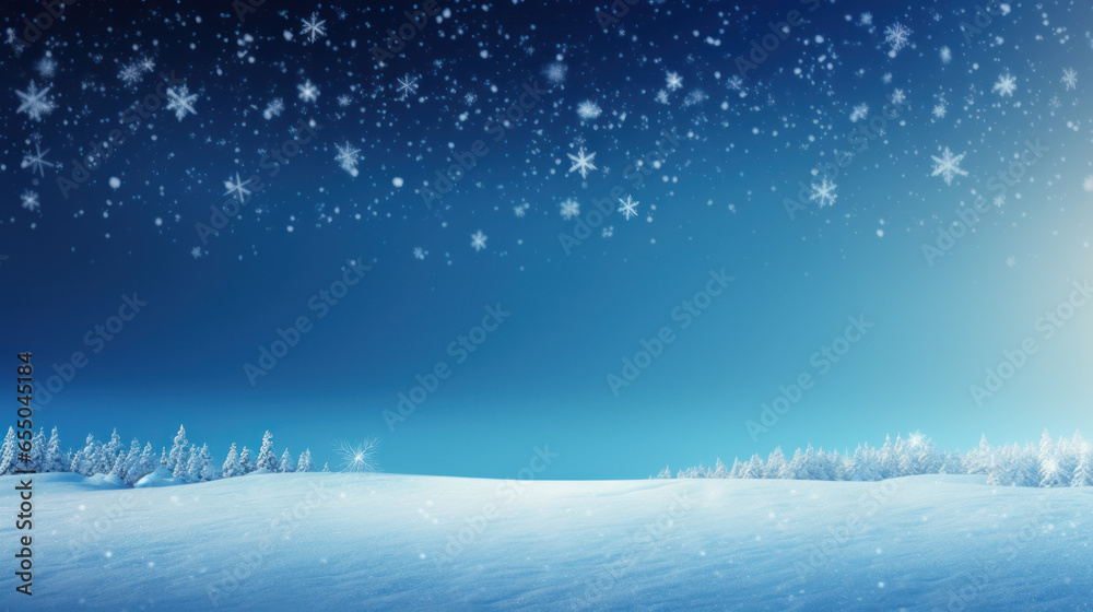 Natural winter snow background, beautifully lit with snowflakes  on a blue sky, copy banner.