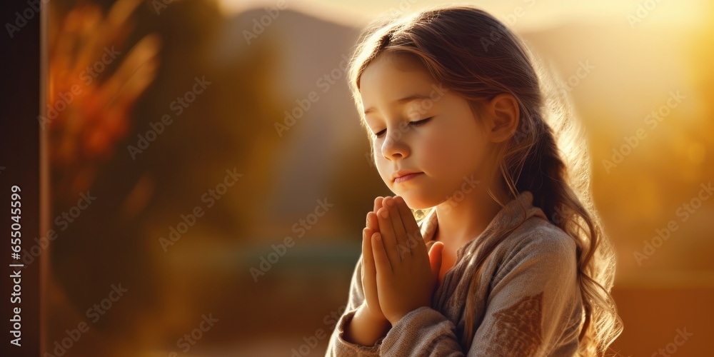 girl is praying, hands folded under chin, sunny day, generative AI - obrazy, fototapety, plakaty 
