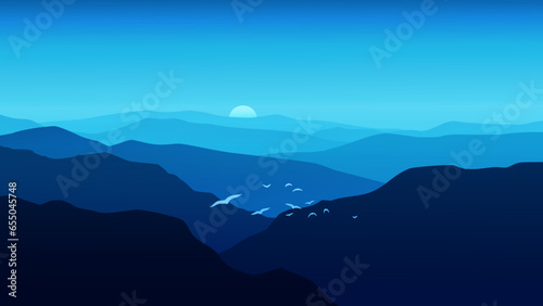 mountain landscape with flying birds and sunrise