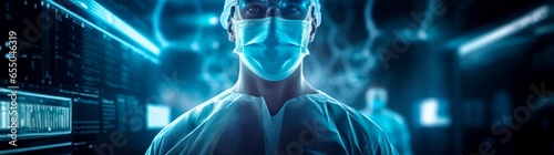 "In a sterilized setting, a doctor in scrubs stands ready, encapsulating a blend of present professionalism and a glimpse into a futuristic realm. The environment boasts a bokeh panorama on a shaped c