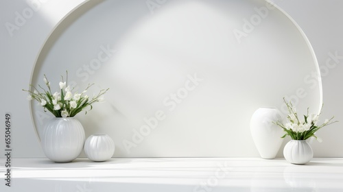 Trio of White Vases with Blooms.
Three white vases with delicate white flowers on a clean, bright surface. photo