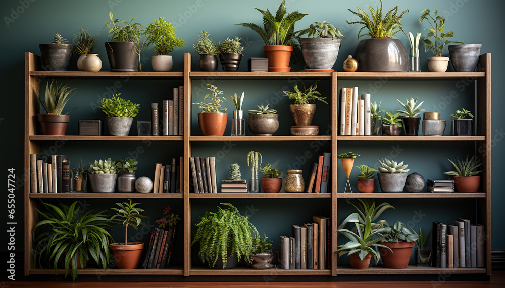Bookshelf with books and vases and plants, Decoration with plants, urbanism concept Bookshelf with books and vases and plants, Decoration with plants, urbanism concept