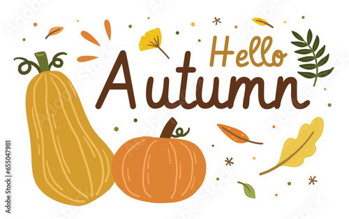 Hello autumn lettering with leaves, floral and pumpkins. Cozy seasonal concept. Hand drawn cartoon style vector illustration isolated on white background.