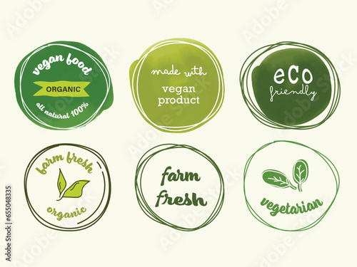 Organic label and natural label hand drawn watercolor painting brush. Logo Element Farm fresh, vegan food mark. Artistic natural painting abstract background.