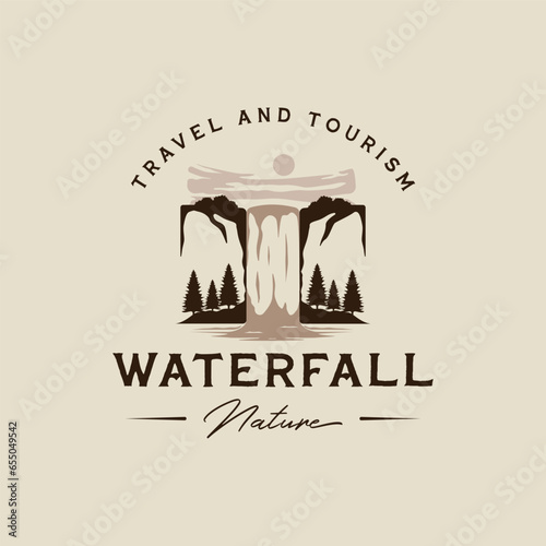 waterfall logo vector vintage illustration template icon graphic design. explore the nature sign or symbol for travel or design print for shirt with retro typography style concept