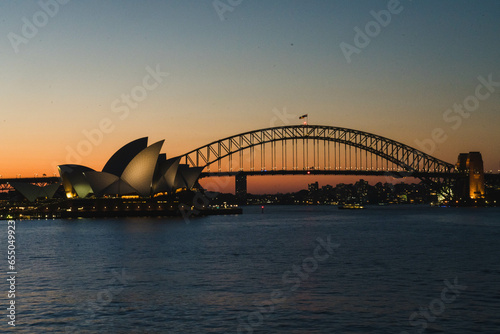 city harbour bridge and opera house at sunset  Sydney