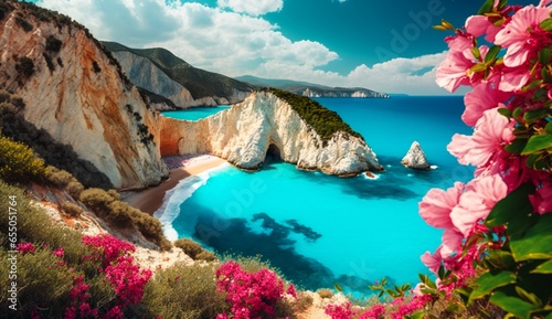 Wonderful nature view on most beautiful beaches of Greece at sunny day. Porto Katsiki in Lefkada. Ionian islands. Stunning nature landscape with flowers on background. concept ideal resting place