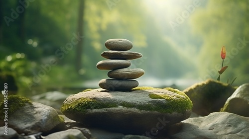 Zen meditation landscape. Calm and spiritual nature environment. Stone balance