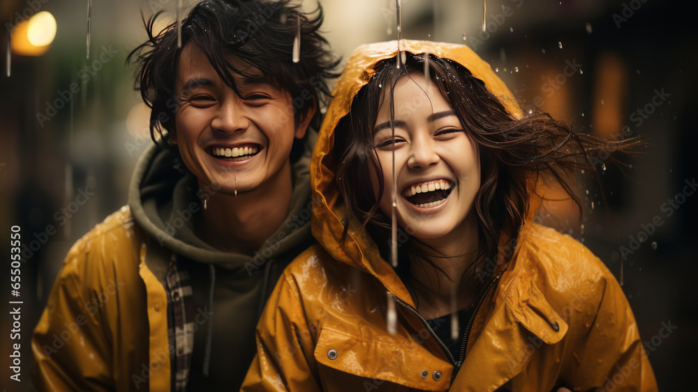 young asian couple with yellow raincoat having fun to play with the rain in the evening. young asian couple with yellow raincoat having fun to play with the rain in the evening.