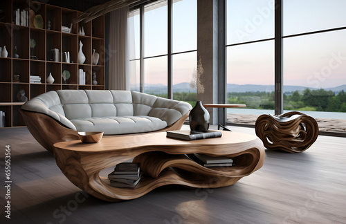 modern interior with sofa, wood, Generative AI