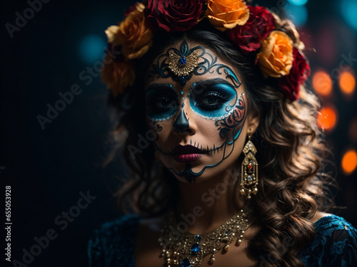 Portrait of a woman with makeup on Halloween on a dark background