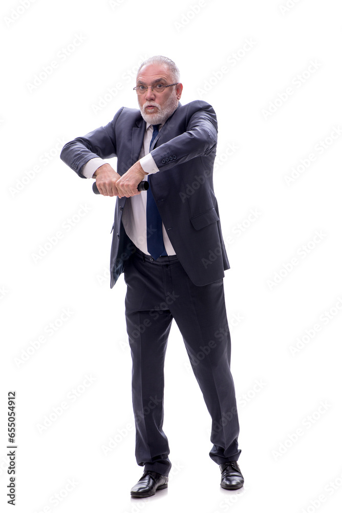 Old businessman holding penlight isolated on white Old businessman holding penlight isolated on white
