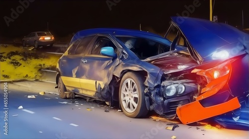 夜の道路での自動車事故｜Car accident on the road at night. Generative AI