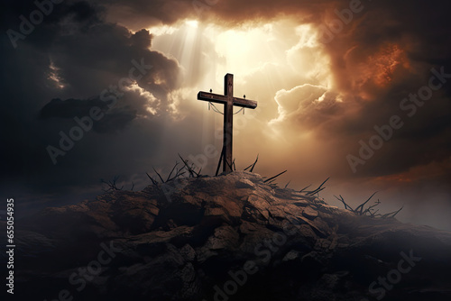 Holy cross symbolizing the death and resurrection of Jesus Christ with The sky over Golgotha Hill is shrouded in light and clouds. AI Generative