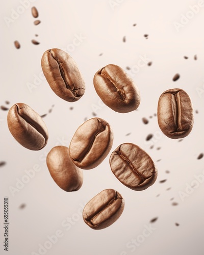 Coffee beans flying on light background © LeonPhoto
