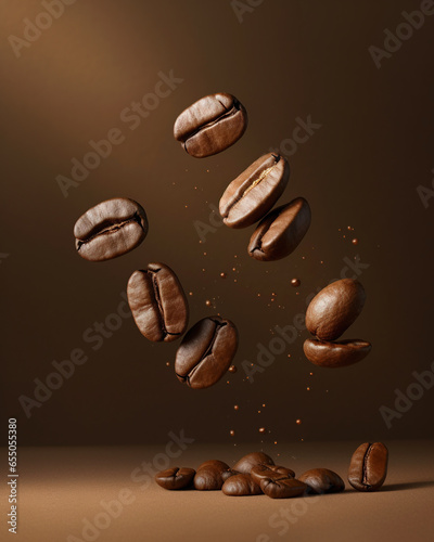 Coffee beans flying on brown background © LeonPhoto