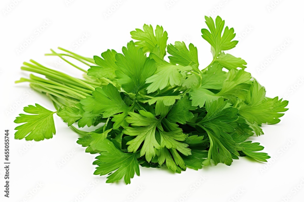 Fresh green coriander leaves, isolated against a pristine white background. Generative AI Fresh green coriander leaves, isolated against a pristine white background. Generative AI