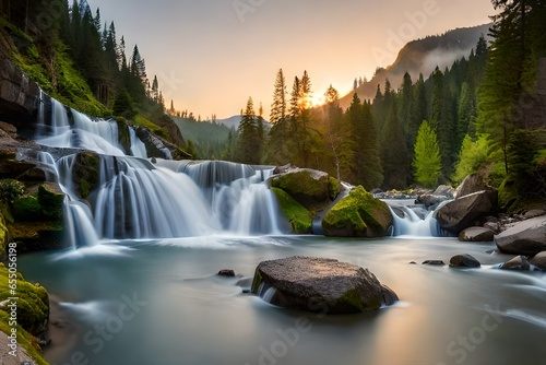 waterfall in the mountains and forest at sunrise, waterfall background, waterfall wallpaper, tropical waterfall, waterfall wildlife