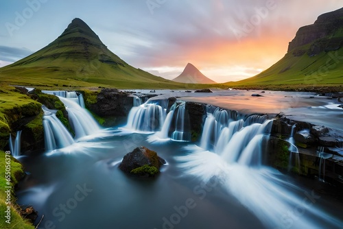 waterfall in the mountains at sunrise, waterfall background, waterfall wallpaper