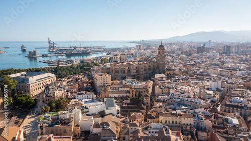 Aerial photo from drone to Alcazaba and Castle of Gibralfaro in the background a panoramic view of the city of Malaga and old town Malaga at sunset. Malaga,Costa del sol, Andalusia,Spain, (Series)