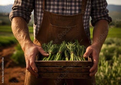 Young farmer with freshly picked Asparagus in basket. Hand holding wooden box with vegetables in field. Fresh Organic Vegetables from local producers. AI geneeative.
