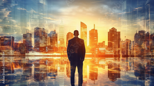 double exposure of the business man standing back during sunrise overlay with cityscape.generative ai © LomaPari2021