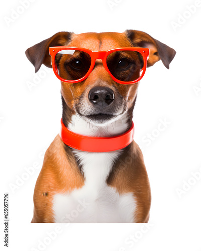 close-up photo of a happy dog wearing cool looking glasses isolated on a transparent background © Breyenaiimages