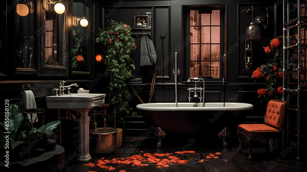Black Bathroom with a Touch of Bright Color