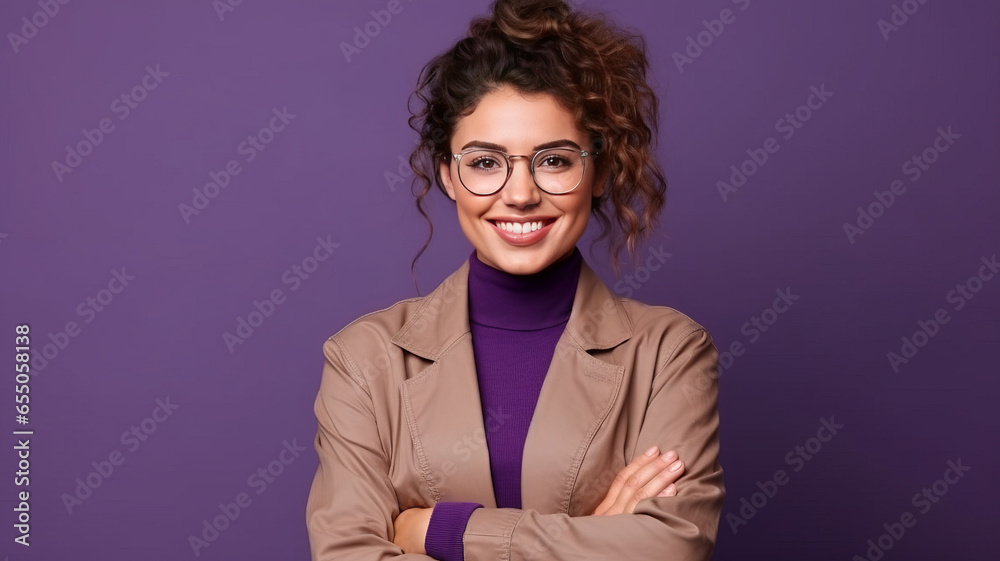 Young buisnesswoman wearing eyeglasses standing against purple background