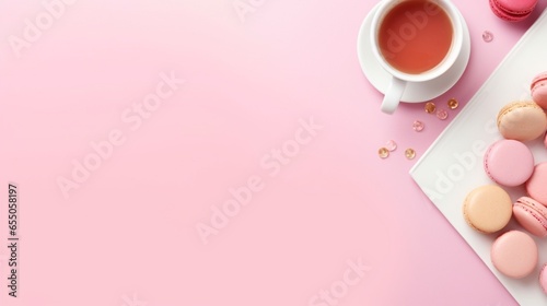 Styled stock photography pink office desk table with blank notebook  keyboard  macaroon  supplies and coffee cup. Top view with copy space. Flat lay