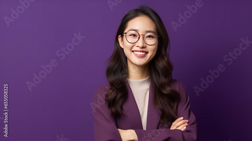 Young asian buisnesswoman wearing eyeglasses standing against purple background photo