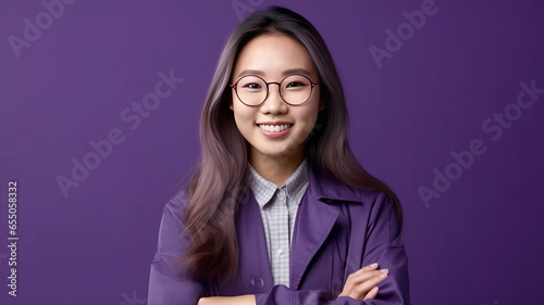 Young asian buisnesswoman wearing eyeglasses standing against purple background generative ai photo
