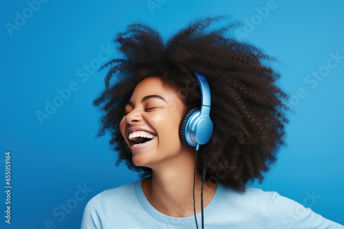 Happy smiling woman with afro curly hair and headphones.