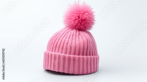 pink Winter Pom Pom Knit Hat Isolated On White Background. Warm Unisex Gray-White Woolen Knitted Cap with Big Pom Pom. Nature Wool.Close-up Side View