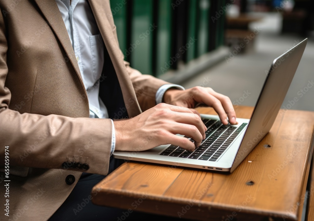 closeup with hand of businessman using laptop, with out door cafe, chilling, technology concept. AI Generative. closeup with hand of businessman using laptop, with out door cafe, chilling, technology concept. AI Generative.
