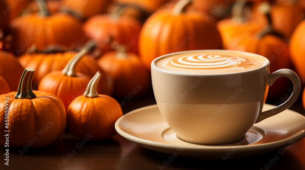 cup of coffee and pumpkin HD 8K wallpaper Stock Photographic Image