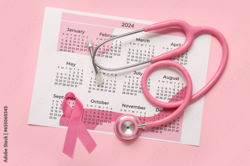 Pink ribbon with stethoscope and calendar on color background. Breast cancer awareness concept