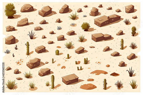 Top-down overhead illustration of rocky desert landscape with sparse foliage