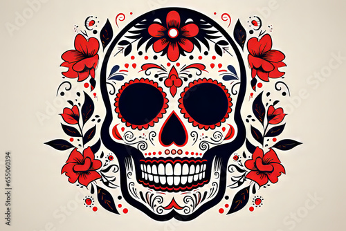 Day of the Dead skull, calavera white , black, red photo