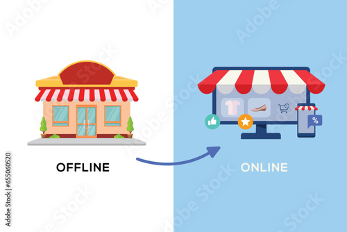 Retail offline convert to online shop e-commerce vector illustration